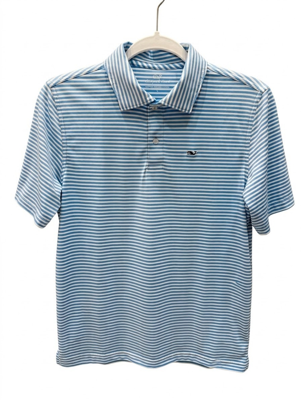 Vineyard Vines golf Kids Light Blue and White Striped Polo with Whale Patch